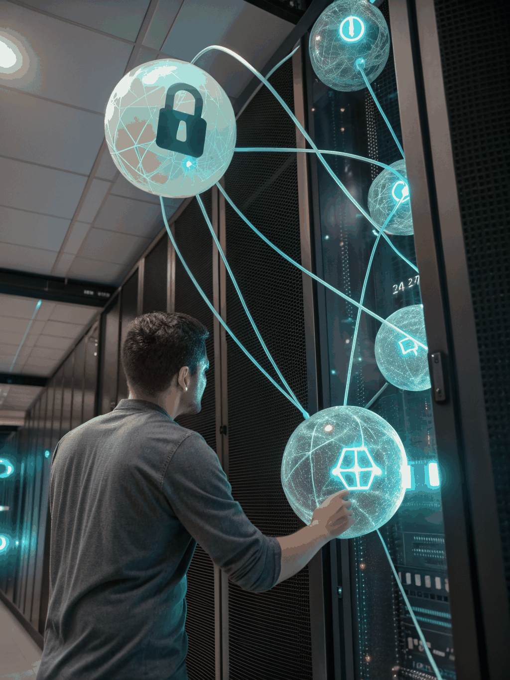 Abstract visualization of a secure network directory structure with glowing nodes and protective shields