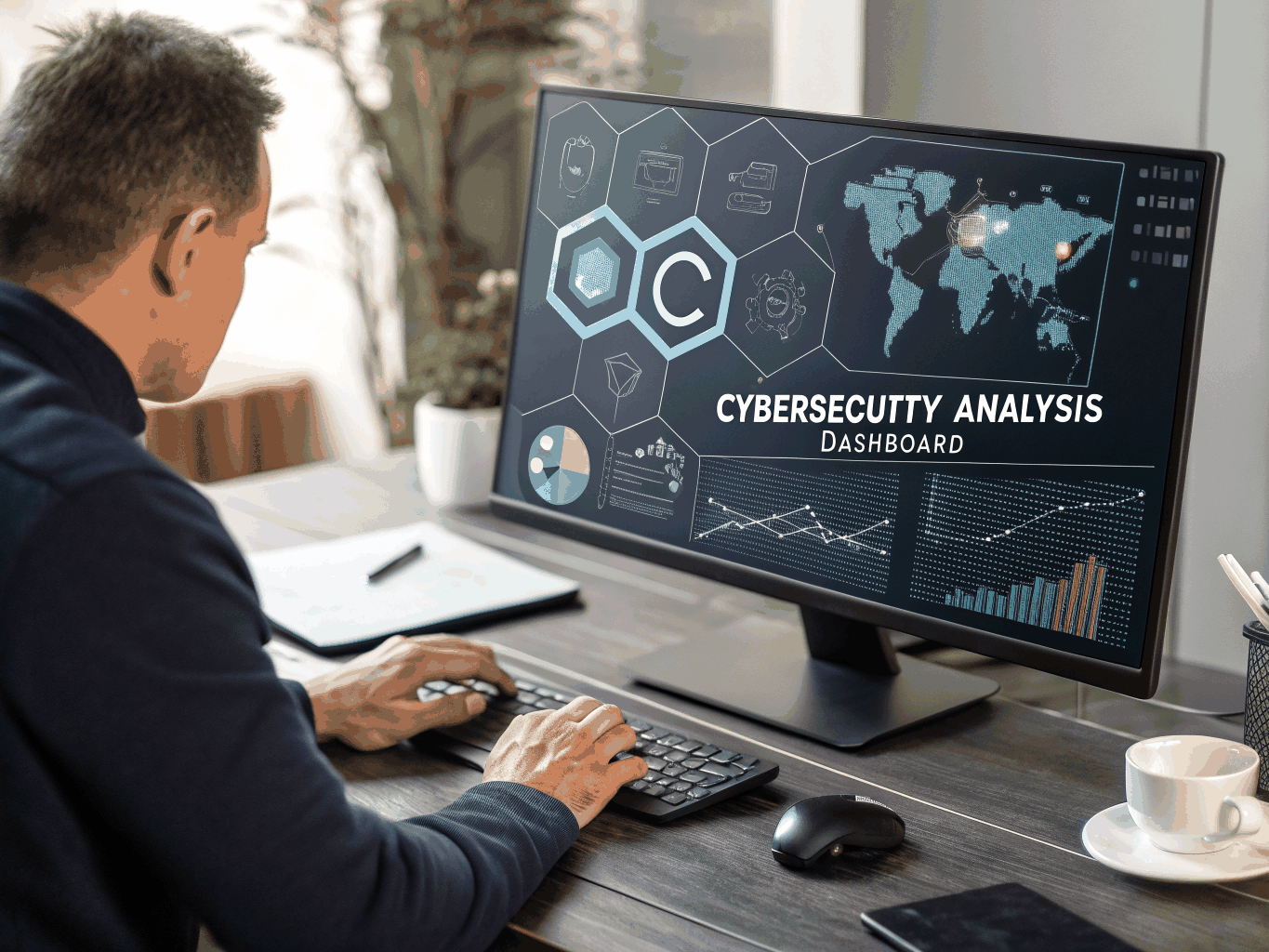 Cybersecurity professional analyzing API traffic and security vulnerabilities on a high-tech dashboard