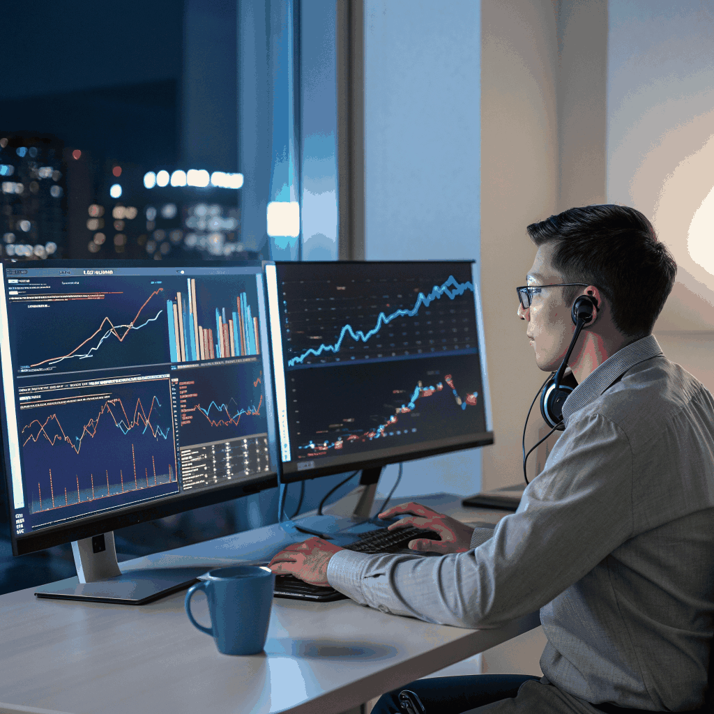 Cybersecurity professional analyzing code on multiple monitors