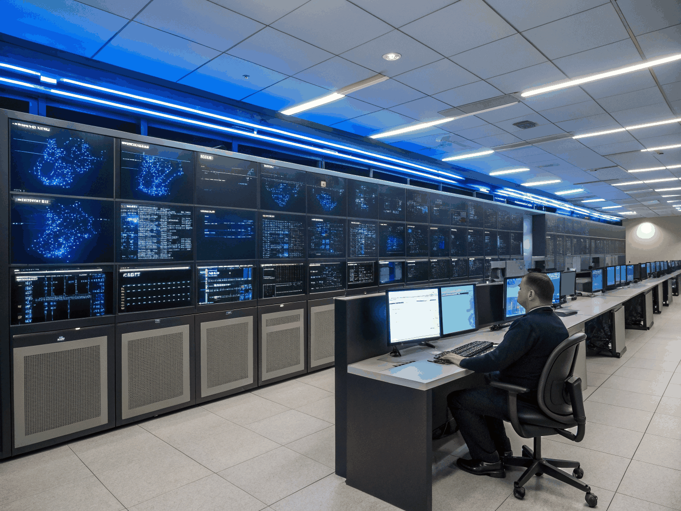 Cyber security operations center with digital data screens