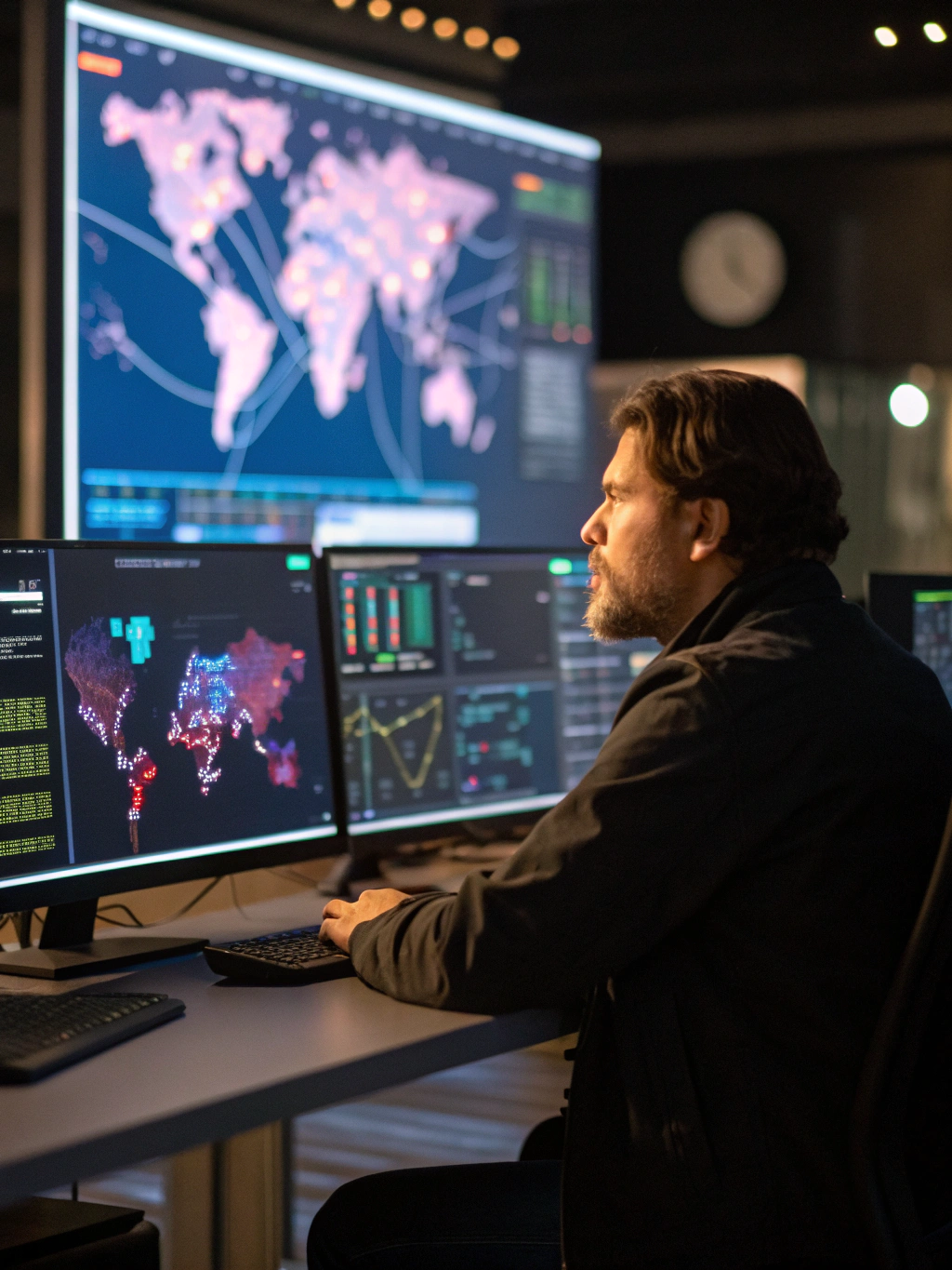 Advanced cybersecurity dashboard showing network traffic analysis and threat detection nodes