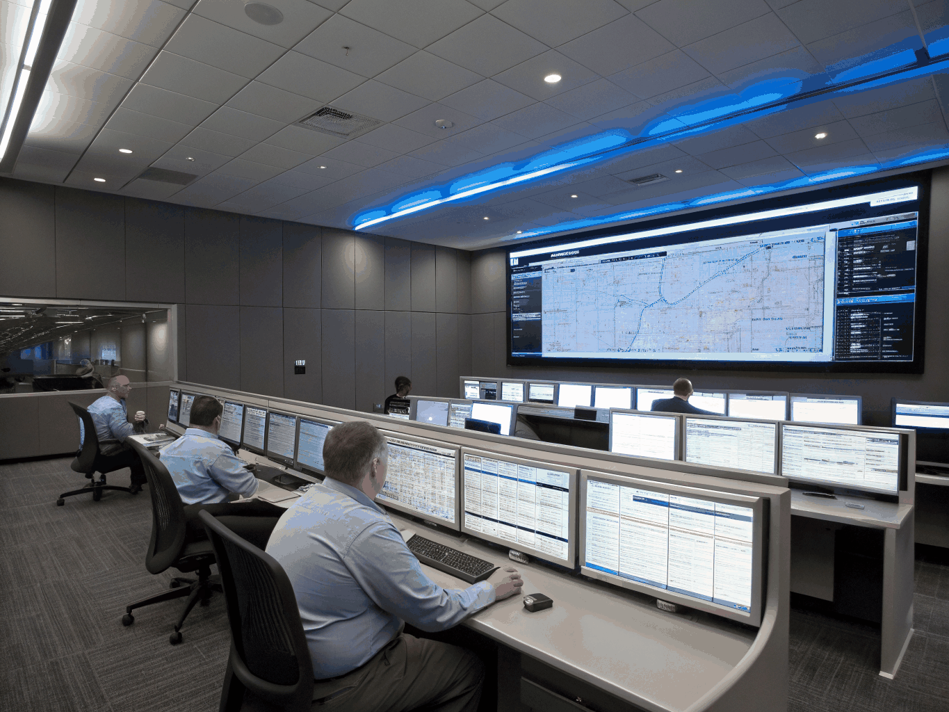 A high-tech cybersecurity operations center with blue data visualizations