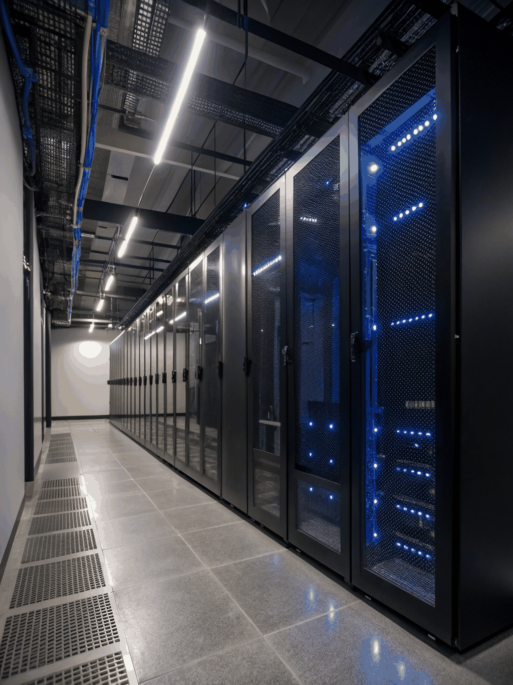 Secure federal data center facility with blue ambient lighting