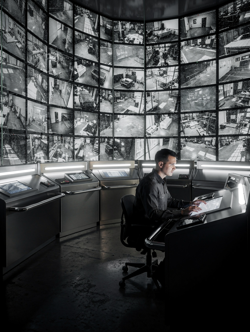 A modern high-tech operations center with digital displays and professional staff