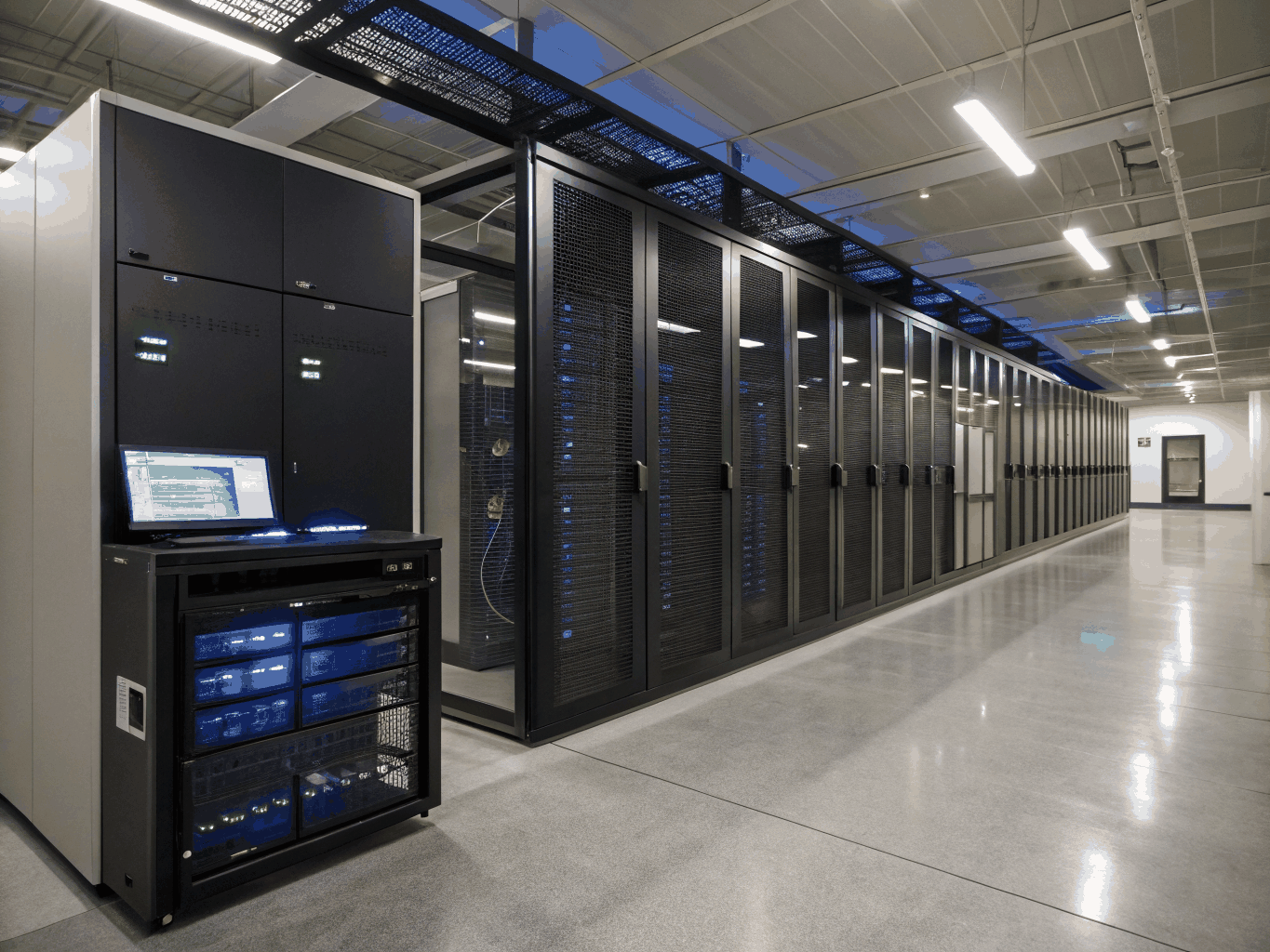 High-security federal data center with blue server lights
