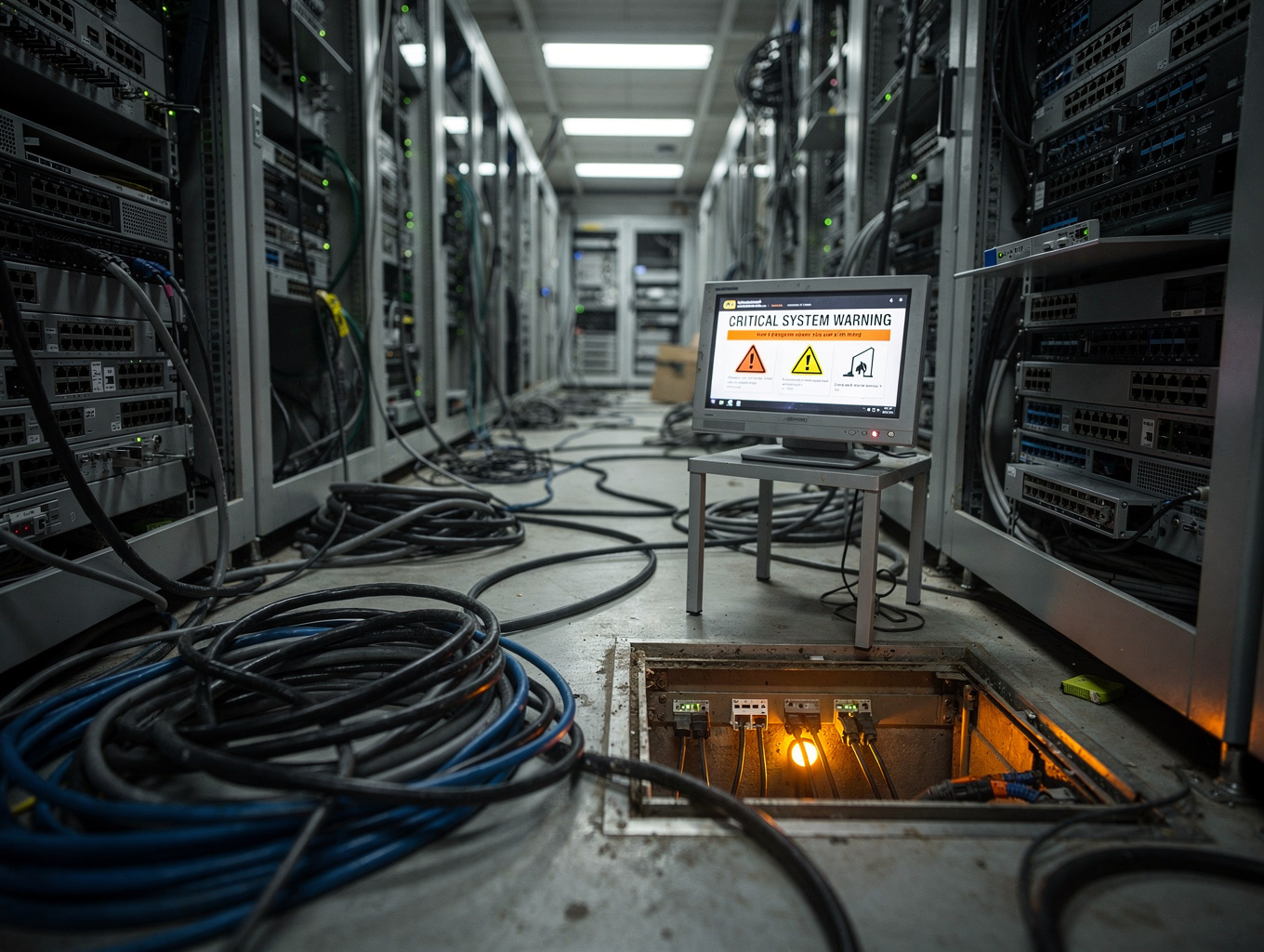 Outdated server room with tangled cables and warning lights