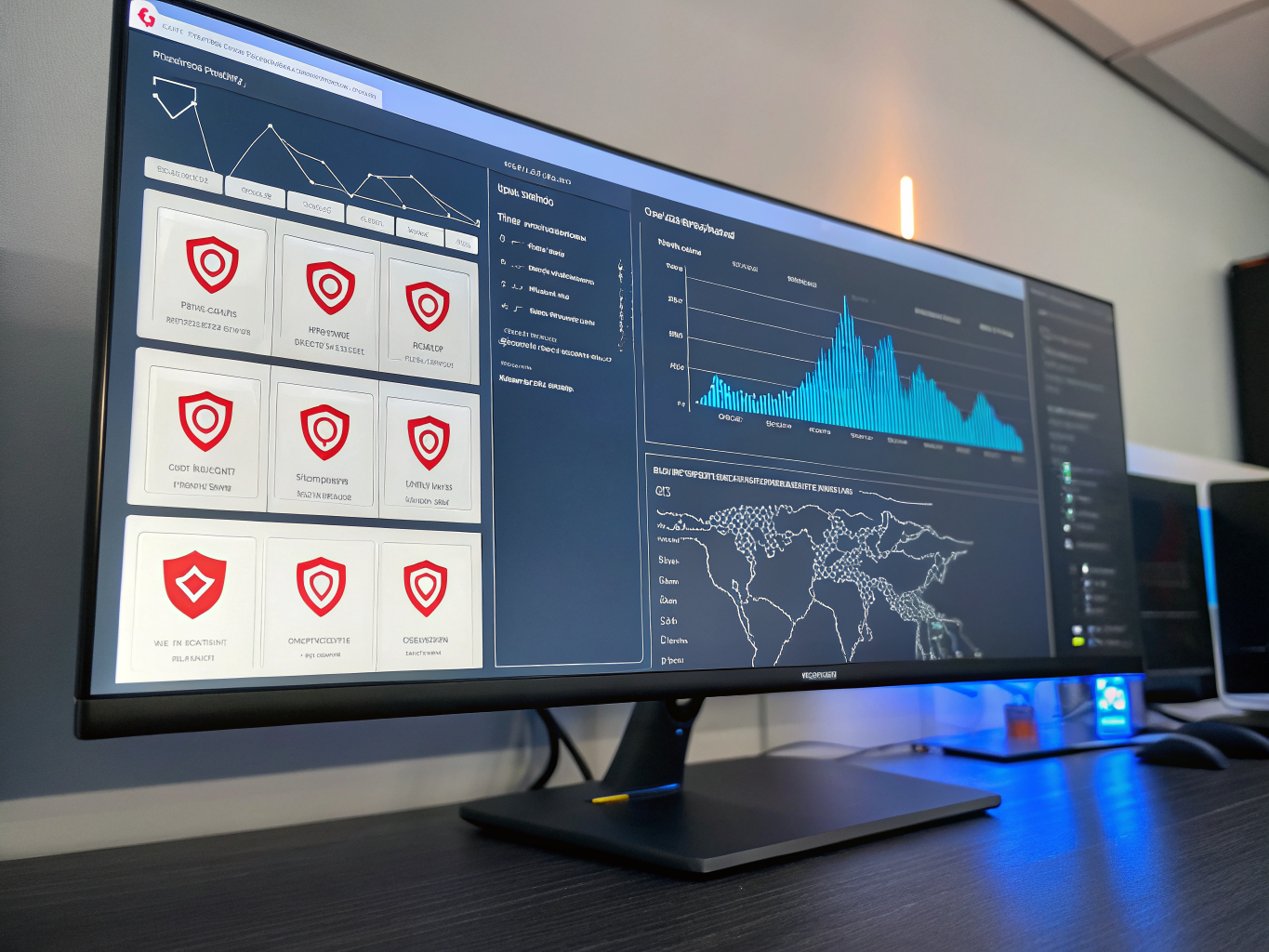 Modern clean cybersecurity dashboard with blue data visualizations