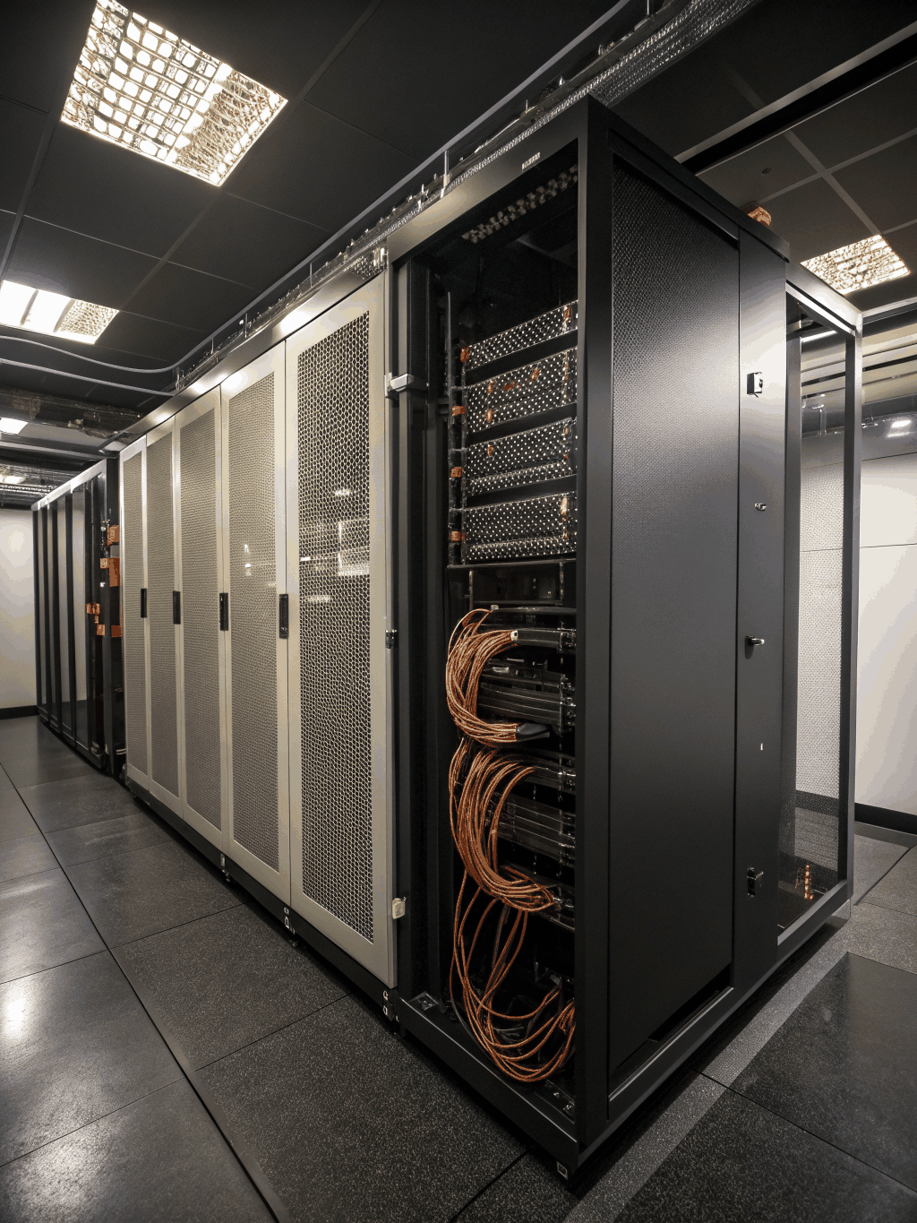 Close-up of high-performance server hardware in a secure data center